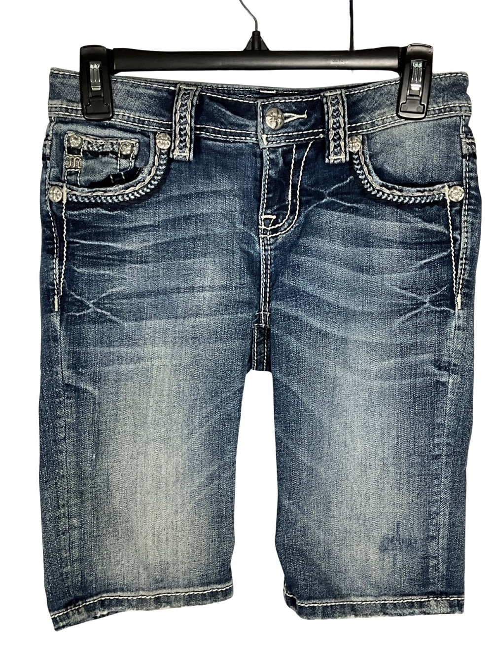 Miss Me Bermuda Shorts Size 25 Blue Denim Embroidered & Embellished Stretch